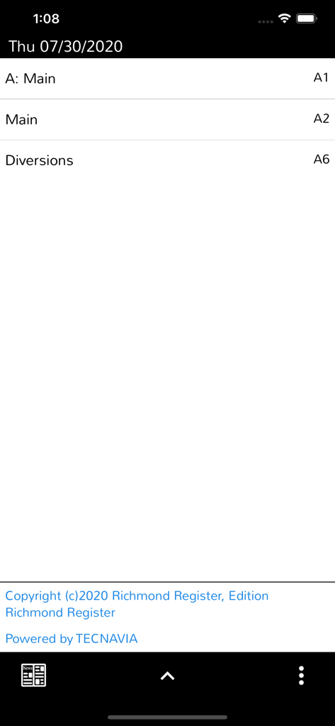 Richmond Register - A list of news sections within the Richmond Register mobile app including Main and Diversions.