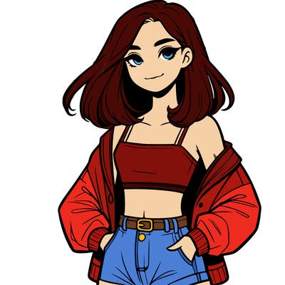 a realistic girl with a crop top and short shorts in an open jacket