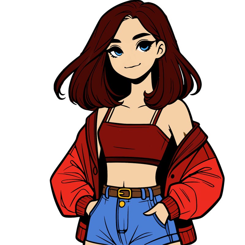 a realistic girl with a crop top and short shorts in an open jacket
