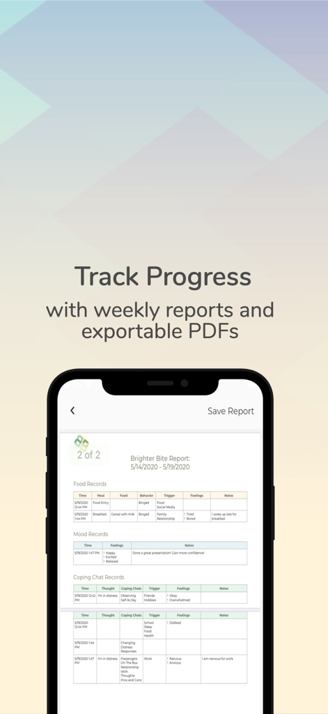 Brighter Bite - ED Recovery - Brighter Biteアプリの週次進捗レポートと、詳細な追跡記録を含むエクスポート可能なPDF機能を示すモバイル画面。