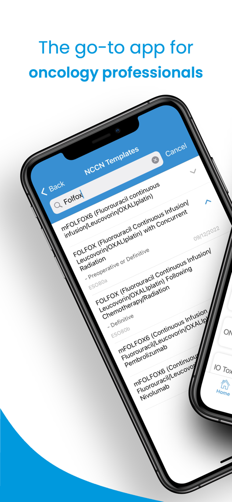 Interface de l'application ONCOassist affichant une recherche de protocoles de chimiothérapie Folfox dans les modèles NCCN.