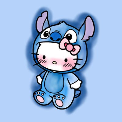 little cute hello kitty, blushing with little stitch costume