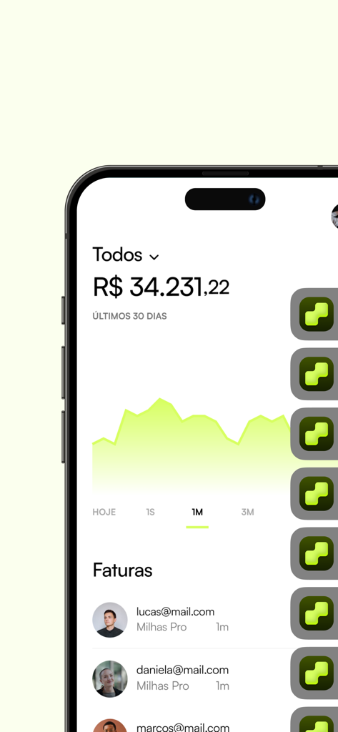 Painel do aplicativo Hubla mostrando receita de vendas do criador e histórico recente de transações em um iPhone