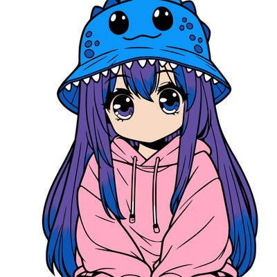 girl with anime shaped eyes with a dinosaur bucket hat oversized sweatshirt long straight hair