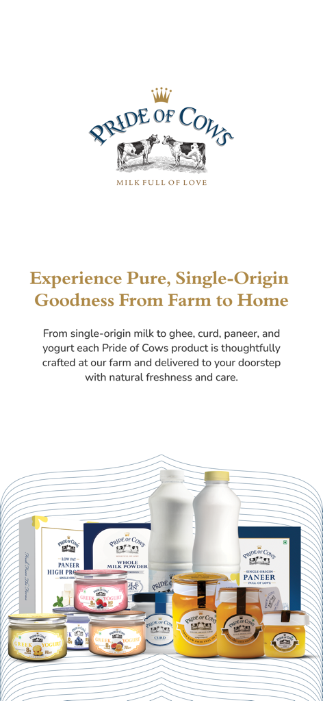 Pride of Cows - Pride of Cows brand logo with a collection of premium dairy products like milk, ghee, paneer, and yogurt