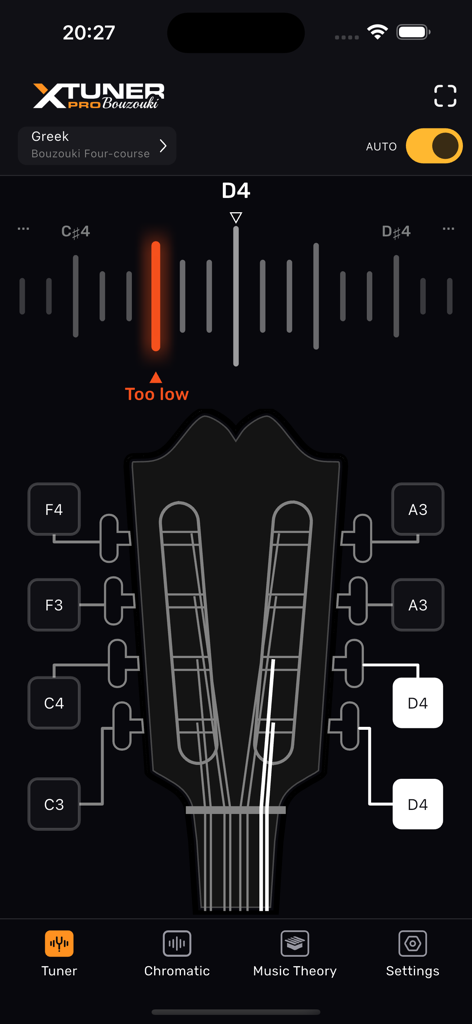 Bouzouki Tuner – XTuner PRO - A screenshot of the XTuner PRO bouzouki tuner app showing the tuning interface for a four course Greek bouzouki with a pitch meter and headstock view