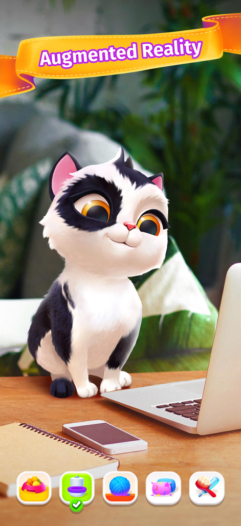 A black and white virtual cat sitting on a real-life desk next to a laptop in AR mode