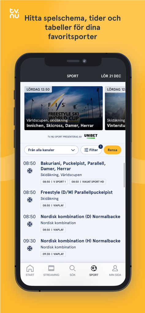 tv.nu: Streaming- & TV-guide - Interfaz de la aplicación móvil tv.nu mostrando horarios de deportes en directo y listados de la guía de TV