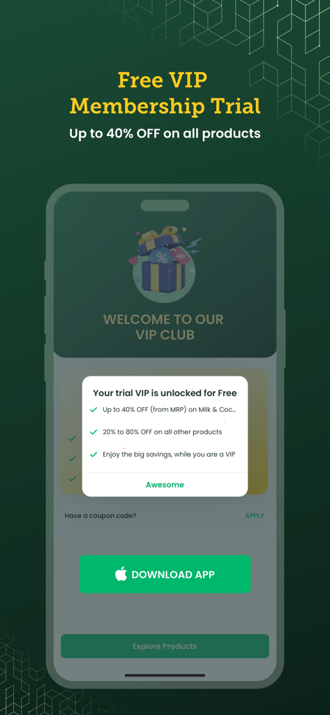 Mobile app screen showing a free VIP membership trial offer with up to forty percent off on milk and grocery products
