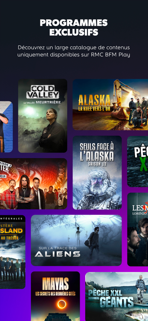 Une collection d'affiches de documentaires exclusifs et d'émissions de télé-réalité disponibles sur l'application RMC BFM Play.