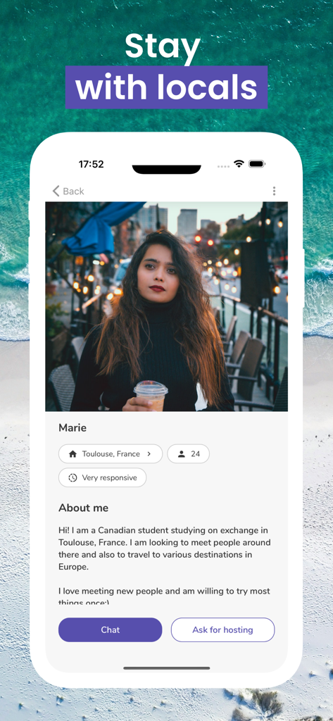 Travel Ladies app profile page showing the Stay with locals feature for women travelers