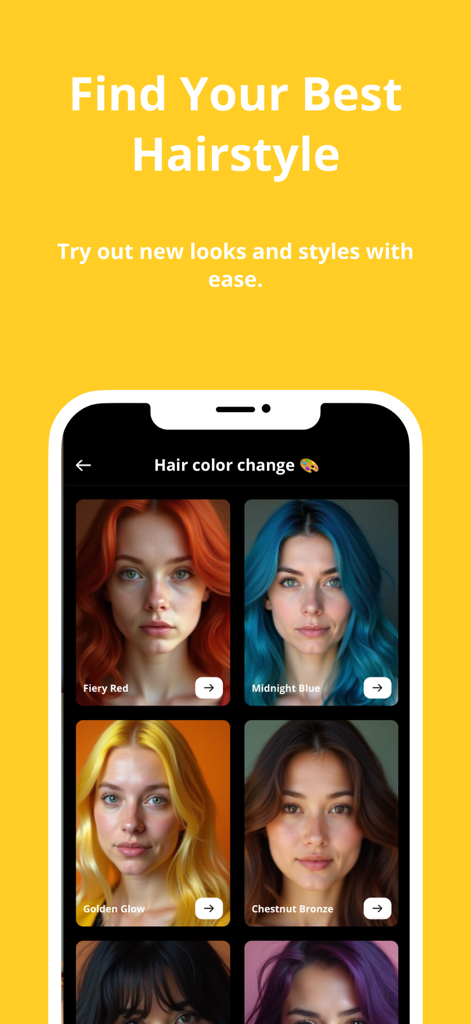 Filterly - AI Photo Enhancer - Filterly mobile app interface showing various AI generated hair color and style options on a smartphone screen