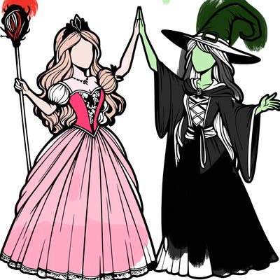 detailed realistic split of a princess and a witch
