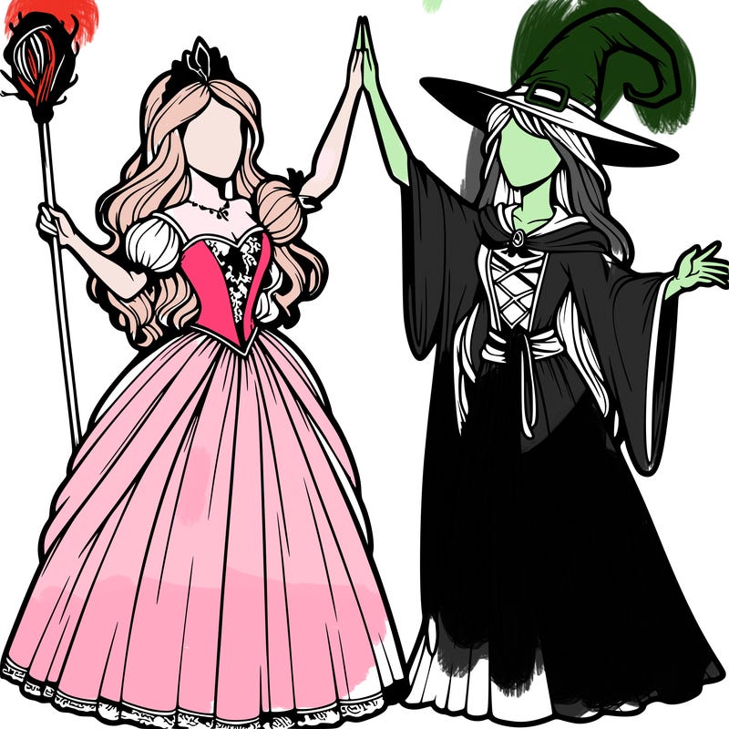 detailed realistic split of a princess and a witch