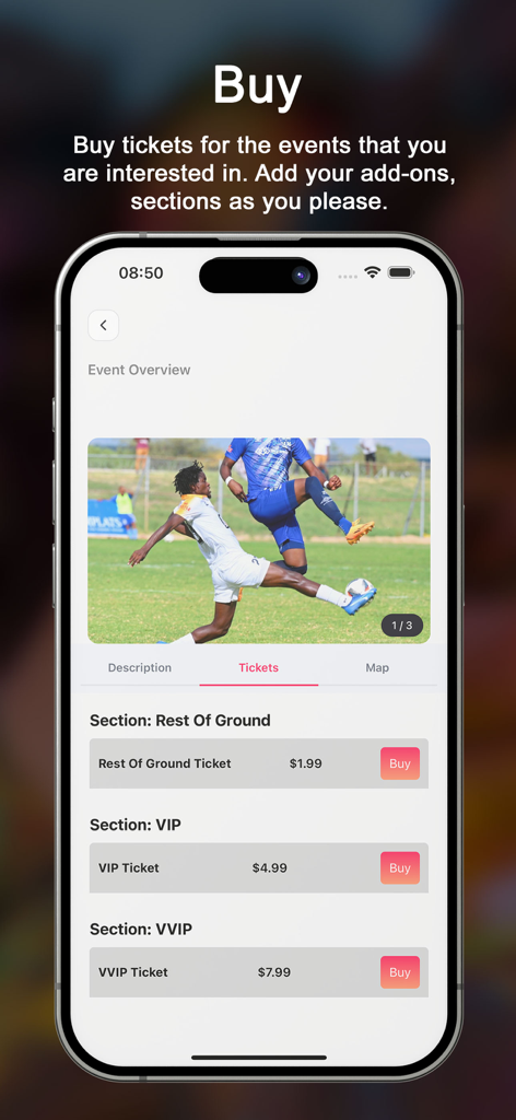 Zim Tickets - Zim Tickets mobile app screen showing ticket options and prices for a soccer match including VIP and VVIP sections.