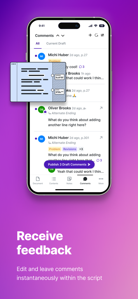 Arc Studio Screenwriting - Arc Studio Screenwriting app interface on a smartphone showing user comments and revision feedback within a script draft.
