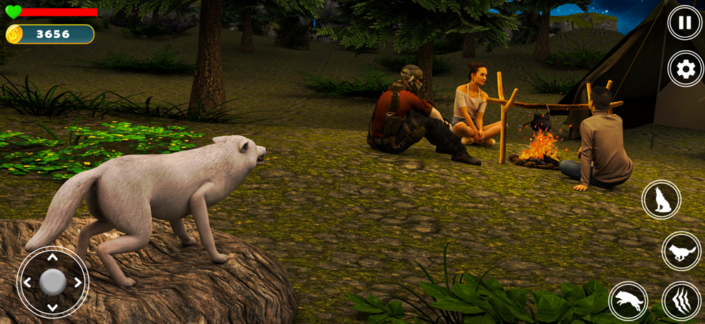 Wolf Simulator Jungle 3D Game - Wolf Simulator Jungle 3D 게임에서 인간 캠프를 관찰하는 흰색 늑대