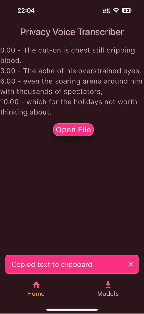 VoiceScriber - VoiceScriber app interface showing a voice to text transcription with timestamps and a copy confirmation