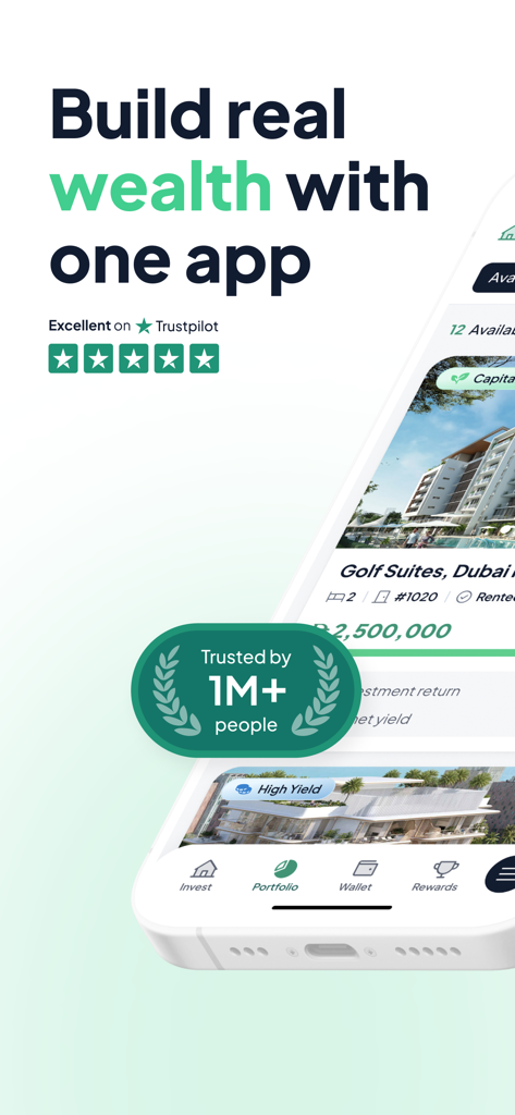 Stake real estate investing app interface showing Dubai property listings and Trustpilot rating.