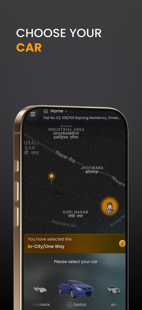 CarChalak - Interfaz móvil de la aplicación CarChalak mostrando opciones para elegir entre tipos de vehículos hatchback, sedán y SUV en un mapa.