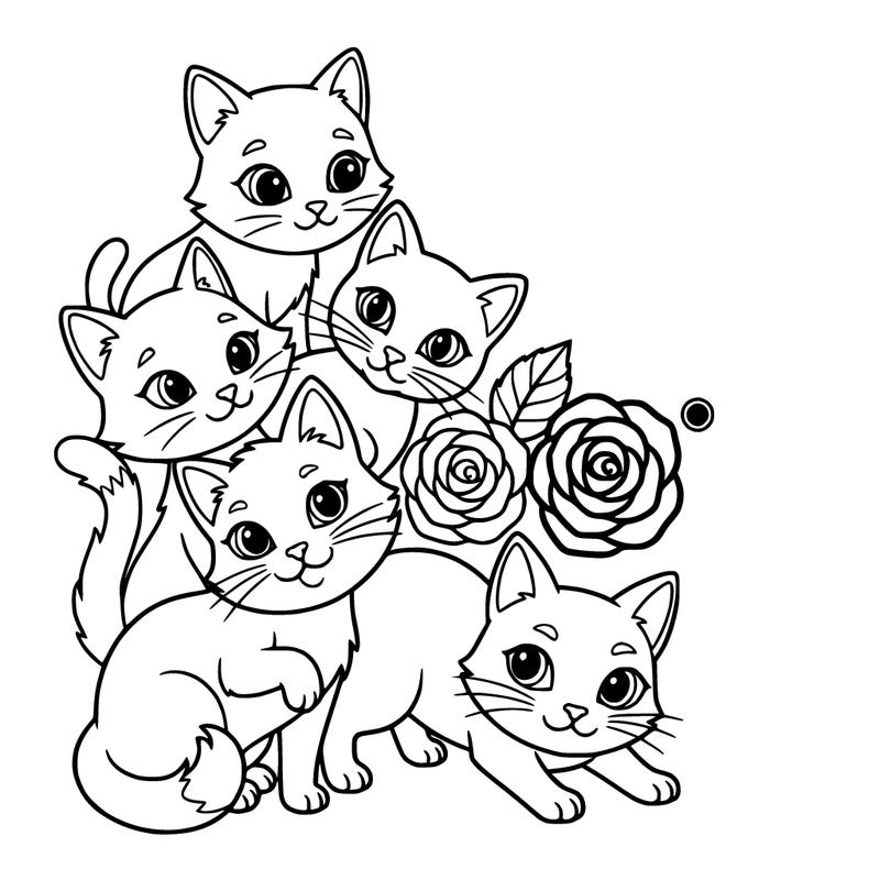 5 cute cats with a little 🌹 rose and a black ⚫️ rose