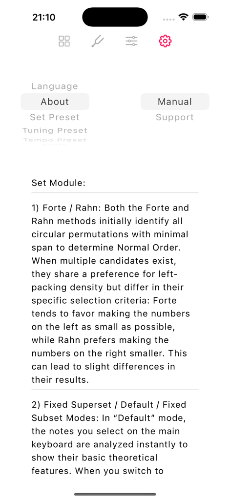 Composer Lab - Composer Lab app manual explaining pitch set theory methods including Forte and Rahn.