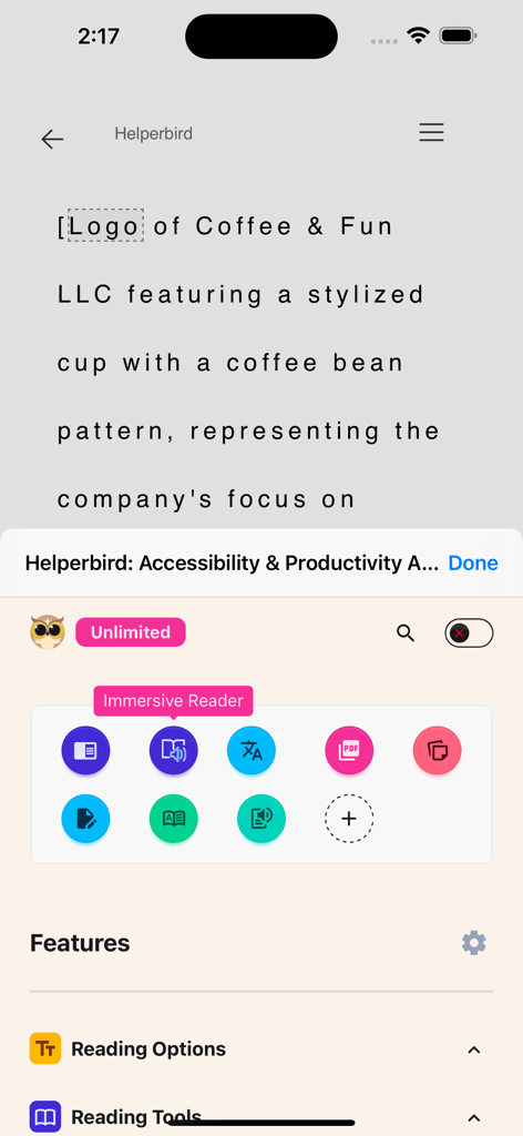 Interfaccia dell'app Helperbird che mostra strumenti di accessibilità, tra cui Immersive Reader e opzioni di lettura specializzate.