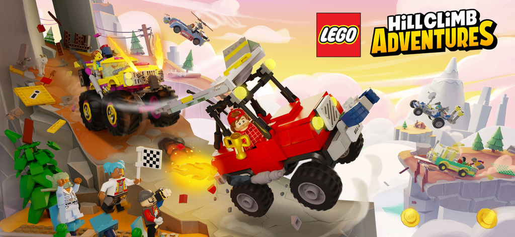 LEGO® Hill Climb Adventures - Vehículos y minifiguras de LEGO compitiendo a través de un paisaje montañoso estilizado en el juego LEGO Hill Climb Adventures