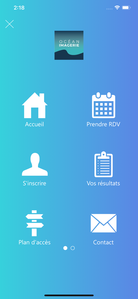 Home screen of the Ocean-Imagerie medical app showing icons for booking appointments and viewing results.
