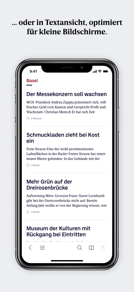A smartphone showing the bz Basel news app in an optimized mobile text view with local headlines about business and culture