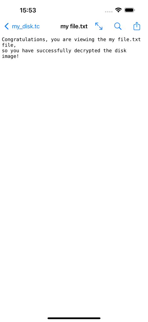 A successfully decrypted text file being viewed inside the Disk Decipher application