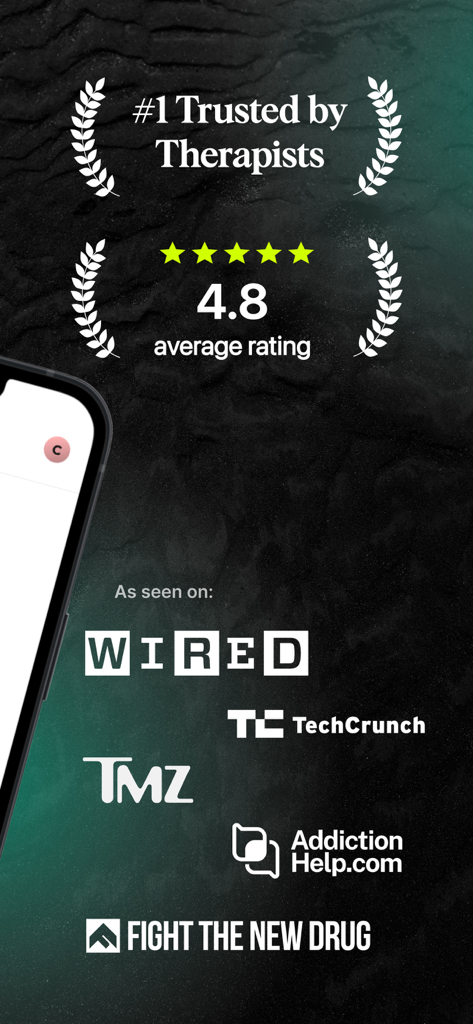 Relay app interface showing a 4.8 average rating and featured media logos from Wired TechCrunch and TMZ