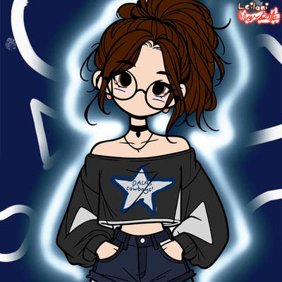 girl with a messy ponytail glasses a baggy crop top and jean shorts