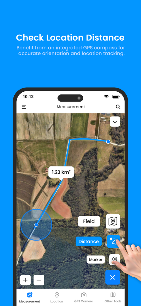 Gps Area Calculator: Land Calc - Interface do aplicativo Gps Area Calculator mostrando um mapa de satélite com uma medição de área de terreno de 1,23 quilômetros quadrados