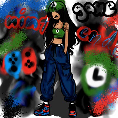 girl in baggy pants crop top and long hair