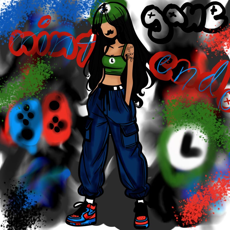 girl in baggy pants crop top and long hair