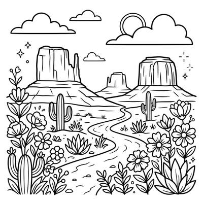 Introduce your little one to the wonders of a blossoming desert with this adorable coloring page featuring majestic mesas. Designed for toddlers, its bold lines and simple shapes make spring coloring easy and fun.