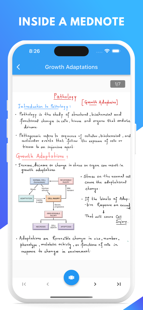 MedNotes -For Medical Students - A digital medical note about cell growth adaptations featuring a pathology flowchart