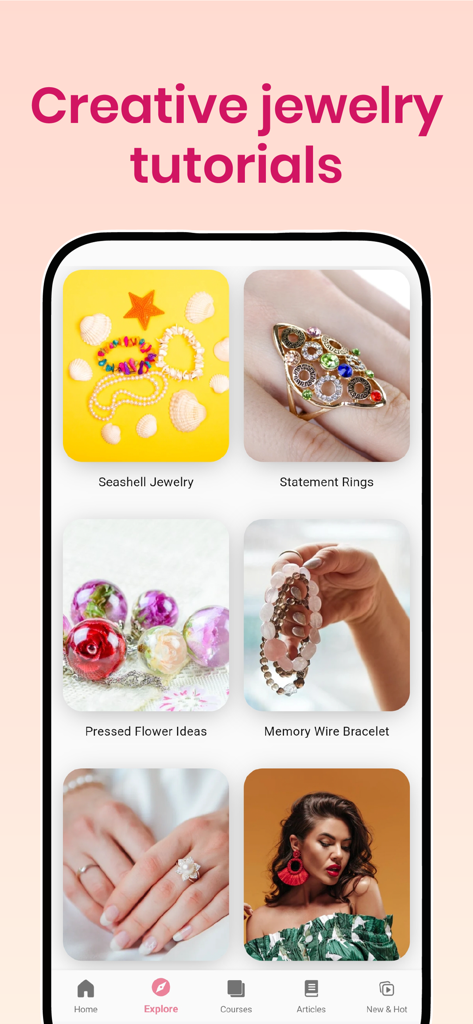 Jewelry Design: DIY Maker App - App interface displaying creative jewelry tutorials for seashell jewelry and statement rings.
