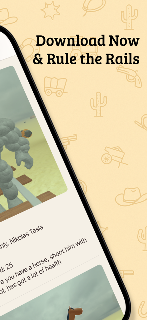 Dead Rails Guide – Unofficial - Captura de tela do aplicativo Dead Rails Unofficial Guide mostrando dicas de jogabilidade e o slogan Domine os Trilhos