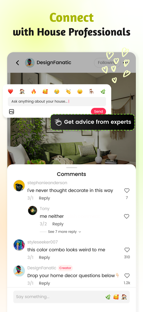 AI Home Design: Ideal House - Interface of the Ideal House app showing a design community feed with a button to get expert advice