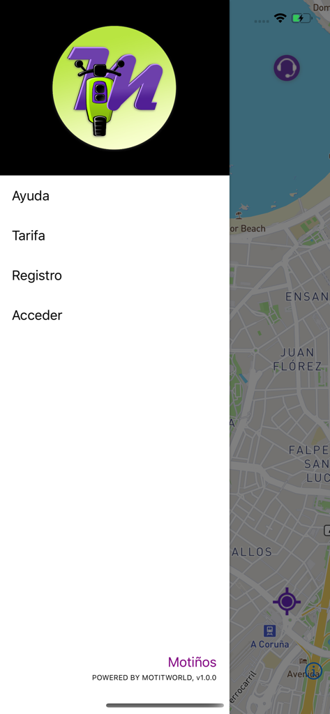 Menú de navegación lateral de la aplicación Motiños con opciones de ayuda y registro sobre una interfaz de mapa de la ciudad.