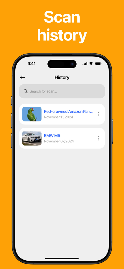 Lens: Reverse Image Search - Mobile screen showing the scan history of previously searched images in the Lens app