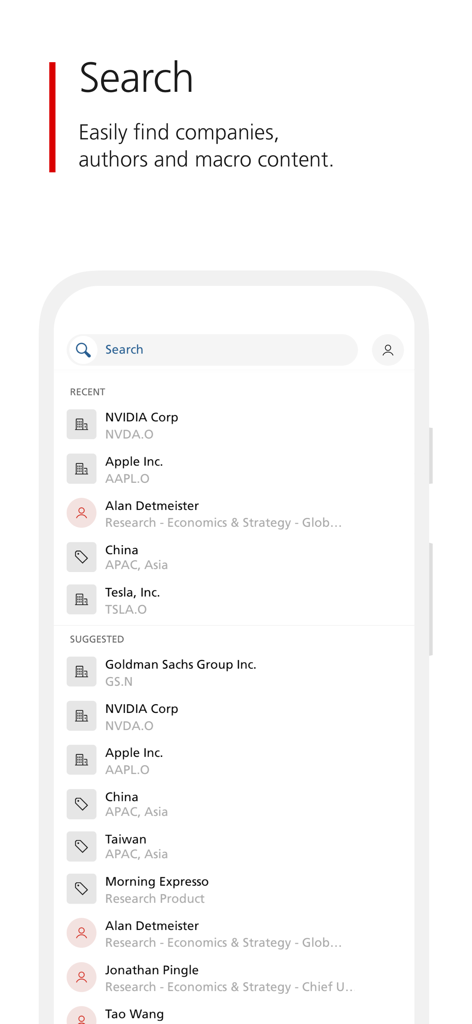 Suchbildschirm der UBS Neo App, der aktuelle und vorgeschlagene Anlageforschungskategorien einschließlich Unternehmen, Autoren und Regionen anzeigt