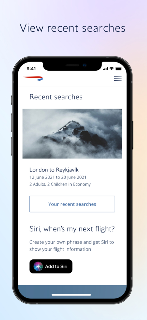 A mobile screen from the British Airways app displaying recent flight searches and a Siri shortcut integration.