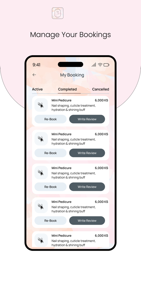 Barbie's Studio - Barbies Studio mobile app interface displaying a list of completed pedicure appointments with rebooking options