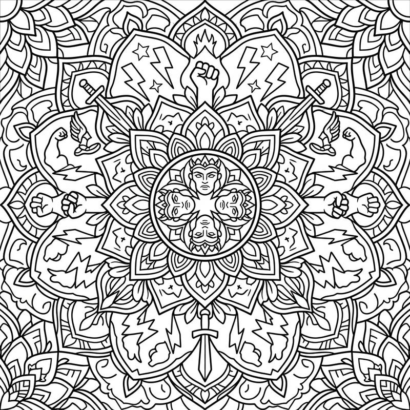 Dive into the epic world of demigods with this intricate mandala coloring page, showcasing powerful heroes and divine symbols in a beautifully symmetrical design. Specifically crafted with clear, bold lines for seniors, this accessible template offers a rewarding and relaxing creative escape.