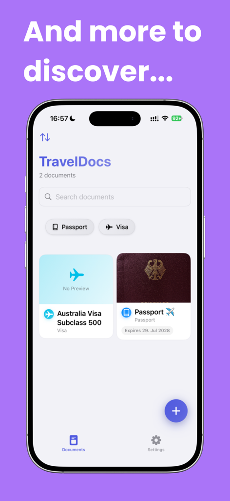 TravelDocs app interface showing stored digital passport and visa documents with expiration dates.