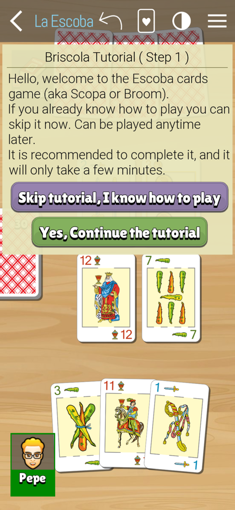 Pantalla de tutorial del juego de cartas La Escoba mostrando cartas españolas tradicionales y opciones de juego