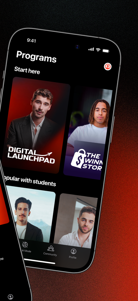 Digital Launchpad mobile app interface showing various entrepreneurship programs and mentor profiles.